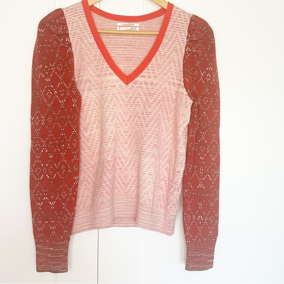Anthropologie Cherie Puff Sleeve Sweater Medium Red pink cozy v-neck soft boho - Picture 12 of 14